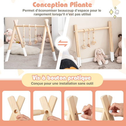Wooden Baby Gym, Foldable Play Frame with 3 Hanging Toys