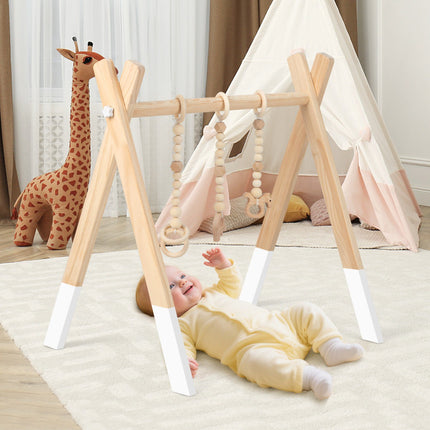 Wooden Baby Gym, Foldable Play Frame with 3 Hanging Toys