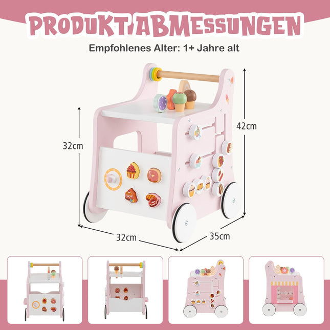 Dřevěné dětské chodítko s úložným prostorem – růžové, Montessori hračka