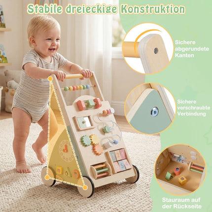 Dřevěné dětské chodítko s kolečky a úložným košíkem