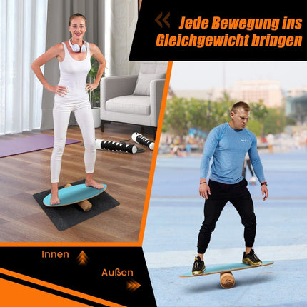 Dřevěná balanční deska, wobble board s válcem a dekou, balanční sada 3 v 1 modrá