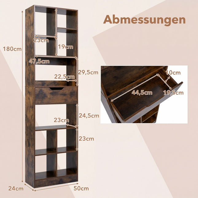 Dřevěná knihovna s 10 policemi a 1 zásuvkou, 50x24x180 cm