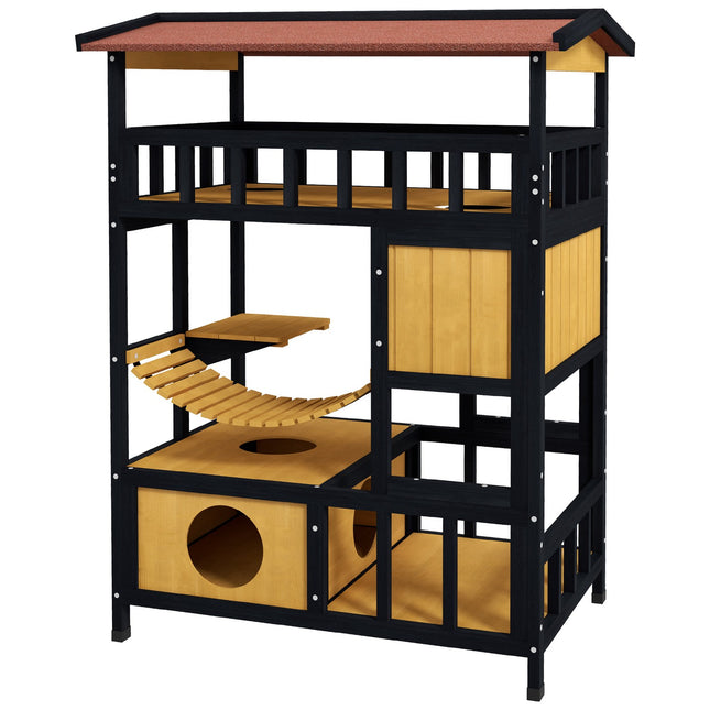 Katzenhaus aus Holz mit Plattformen und Hängebrücke, gelb