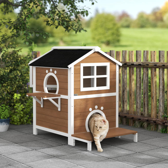 Katzenhaus aus Holz, wetterfester Balkon, Innen-/Außenbereich, 2 Ebenen