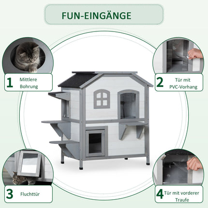 Outdoor wooden cat house with stairs for small cats