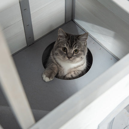 Outdoor wooden cat house with stairs for small cats