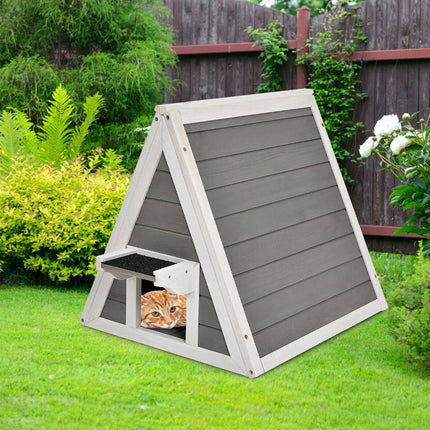 Wooden Cat House, Weatherproof Asphalt Roof, Grey