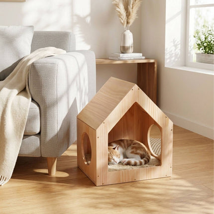 Wooden Cat House for Wall or Floor, Natural Finish