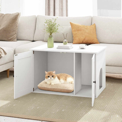 Wooden Cat House with Divider & Washroom – White