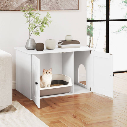 Wooden Cat House with Divider & Washroom – White