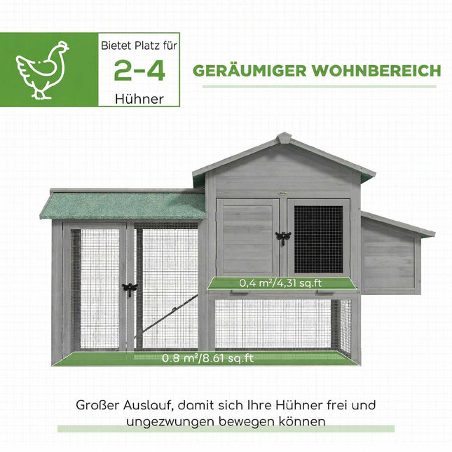 Hühnerstall aus Holz mit Auslauf und Nistkasten, 168x75x103 cm