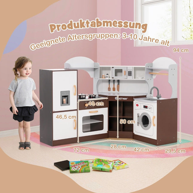 Wooden Corner Play Kitchen with Sound, Lights, Ice Maker