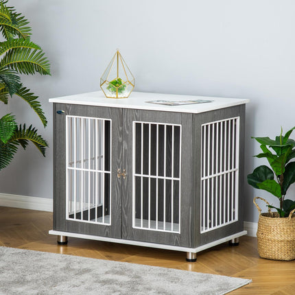 Wooden dog kennel with cushion and table top, grey/white 85x55x75cm