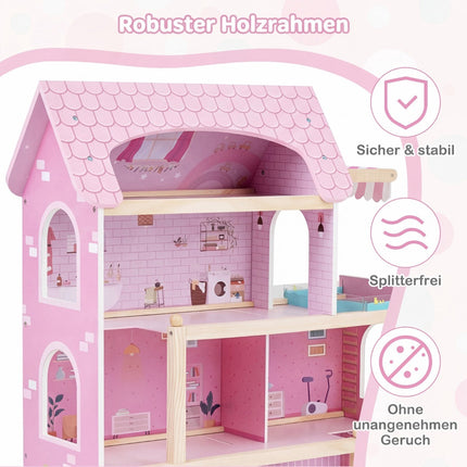 Dřevěný domeček pro panenky s 33 kusy nábytku, balkonem a bazénem