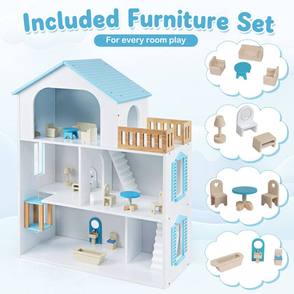 Wooden Dollhouse with 5 Rooms, Elevator and Furniture, Blue, Ages 3+