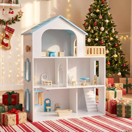 Wooden Dollhouse with 5 Rooms, Elevator and Furniture, Blue, Ages 3+