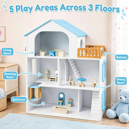 Wooden Dollhouse with 5 Rooms, Elevator and Furniture, Blue, Ages 3+