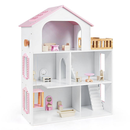 Wooden Dollhouse with 5 Rooms, Elevator and Furniture, Pink, Ages 3+
