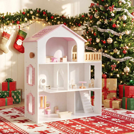 Wooden Dollhouse with 5 Rooms, Elevator and Furniture, Pink, Ages 3+