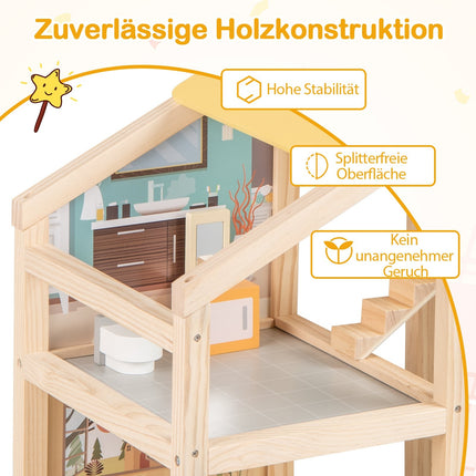 Dřevěný domeček pro panenky s nábytkem a figurkami, více pokojů