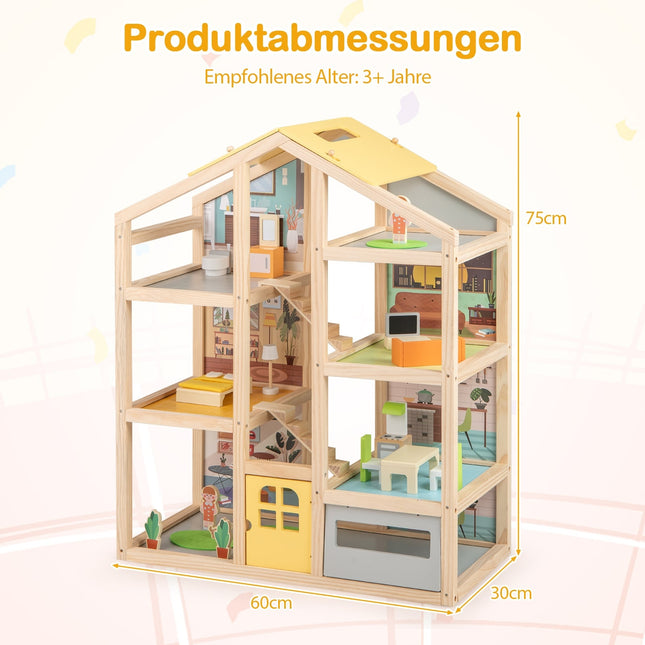 Dřevěný domeček pro panenky s nábytkem a figurkami, více pokojů