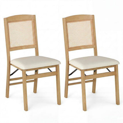 Wooden Folding Chairs, Set of 2, Linen Padded Seat