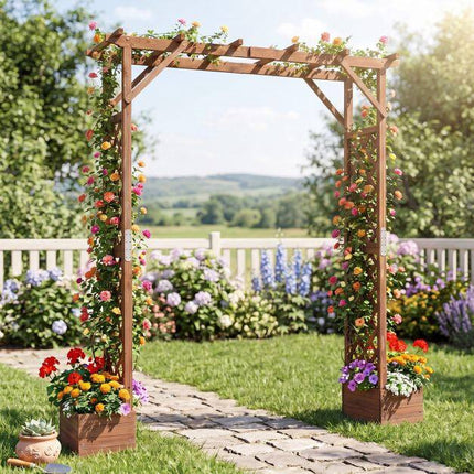 Wooden Garden Arbor with Planter Boxes, 87in Tall