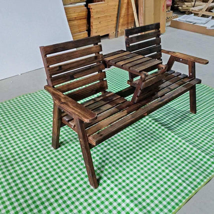 Wooden Garden Bench with Folding Table, Seats 2-3 People