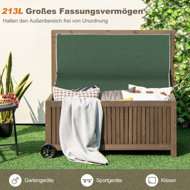 Dřevěný zahradní box 213 L úložný box s kolečky, box na polstry s voděodolnou PE vložkou 114 x 58.5 x 51 cm hnědý