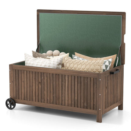 Dřevěný zahradní box 213 L úložný box s kolečky, box na polstry s voděodolnou PE vložkou 114 x 58.5 x 51 cm hnědý