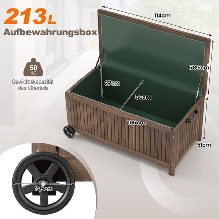 Dřevěný zahradní box 213 L úložný box s kolečky, box na polstry s voděodolnou PE vložkou 114 x 58.5 x 51 cm hnědý