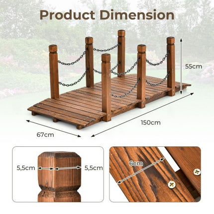 Dřevěný zahradní můstek, jedlové dřevo, bezpečnostní řetězy, 150 cm