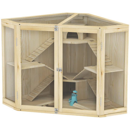 Wooden hamster cage with ramp and huts, 4 levels