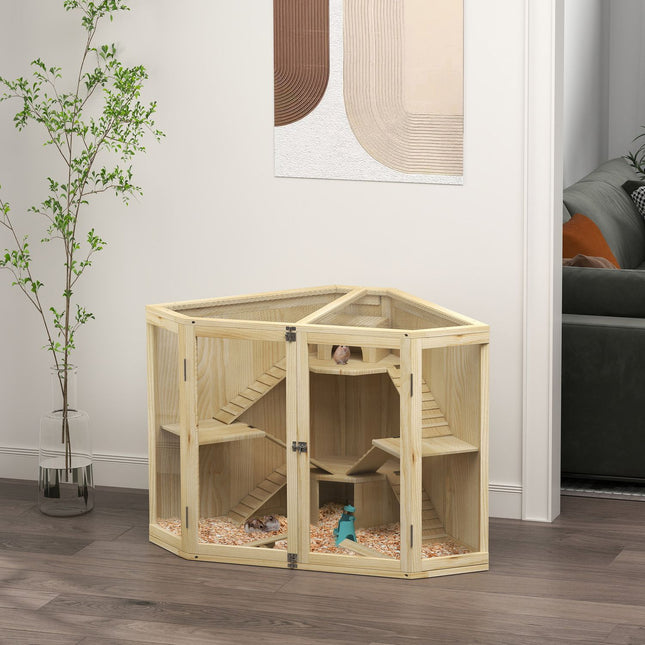 Hamsterkäfig aus Holz mit Rampe und Häuschen, 4 Ebenen