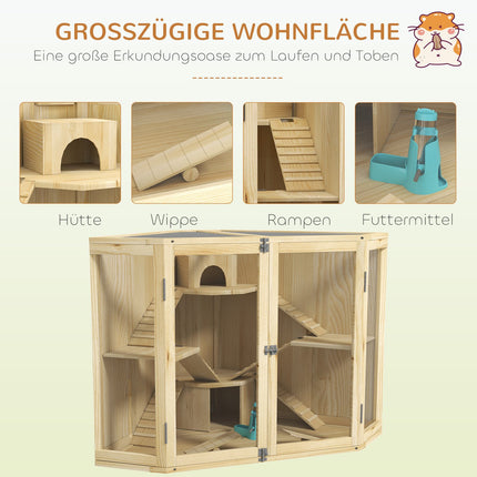 Wooden hamster cage with ramp and huts, 4 levels