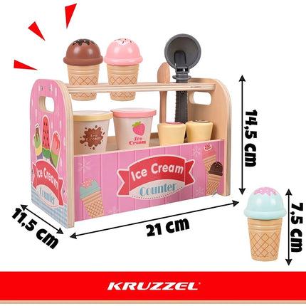 Wooden Ice Cream Shop Play Set 33 Pieces with Play Money, Scoop, Multicolour