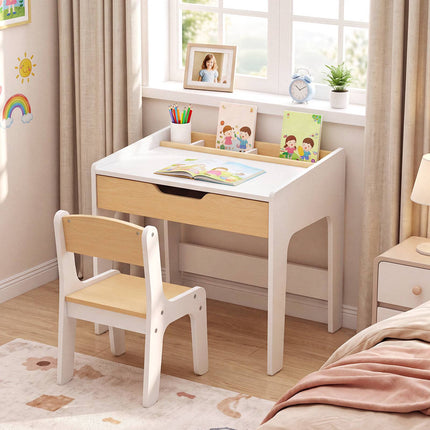 Wooden Kids Desk and Chair Set with Pull-Out Drawer, Natural/White