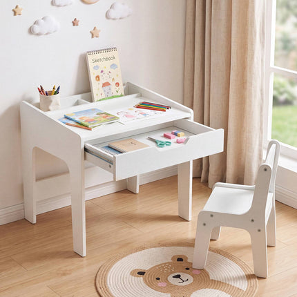 Wooden Kids Desk and Chair Set with Pull-Out Drawer, White, 3 Compartments