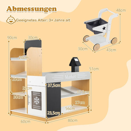 Dřevěný dětský supermarket s vozíkem – věk 3+
