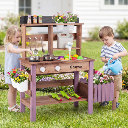 Wooden Mud Kitchen Set with Faucet and Gardening Tools
