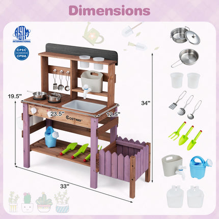 Wooden Mud Kitchen Set with Faucet and Gardening Tools
