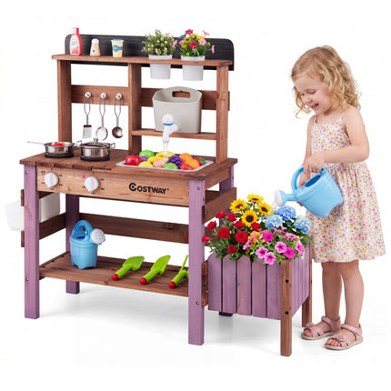 Wooden Mud Kitchen Set with Faucet and Gardening Tools