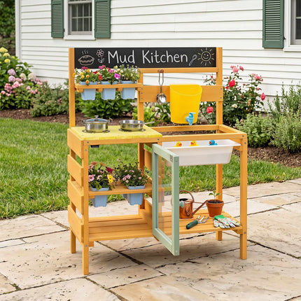 Wooden Mud Kitchen for Toddlers with Water Faucet