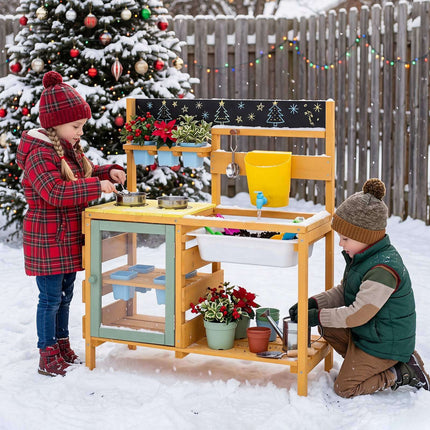 Wooden Mud Kitchen for Toddlers with Water Faucet