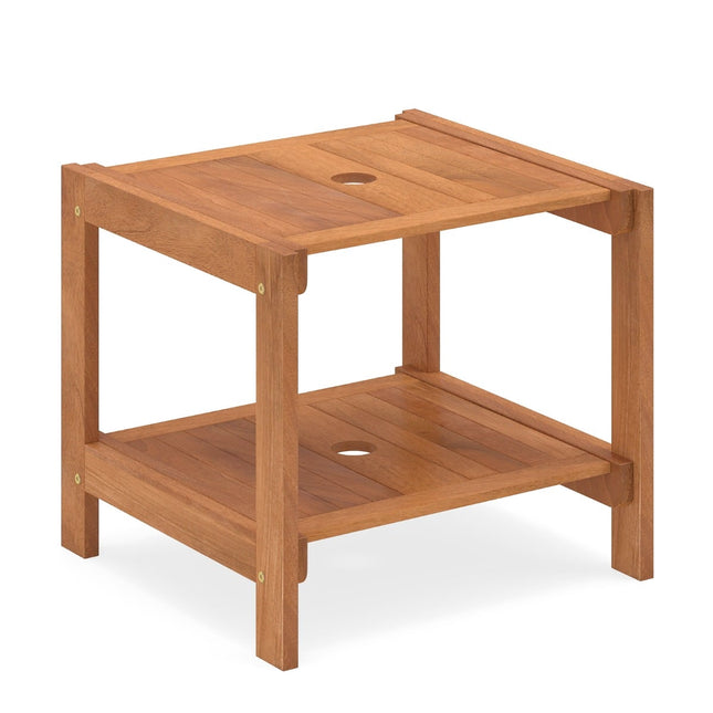 Houten bijzettafel voor buiten met parasolgat en planken.