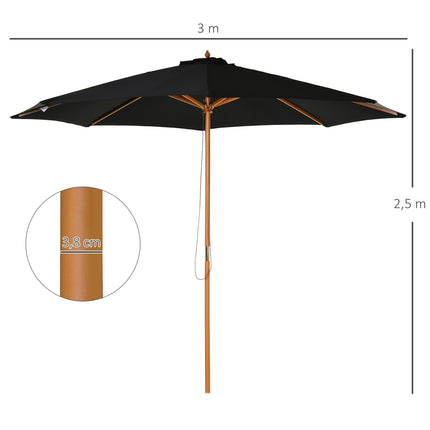 Dřevěný bambusový slunečník, 300 cm, černý, robustní a elegantní