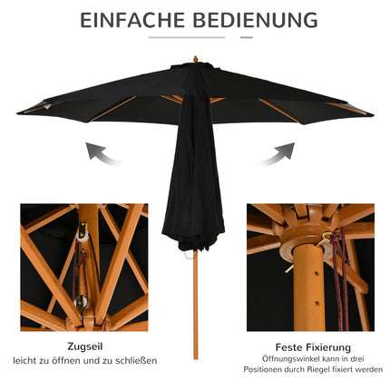 Dřevěný bambusový slunečník, 300 cm, černý, robustní a elegantní
