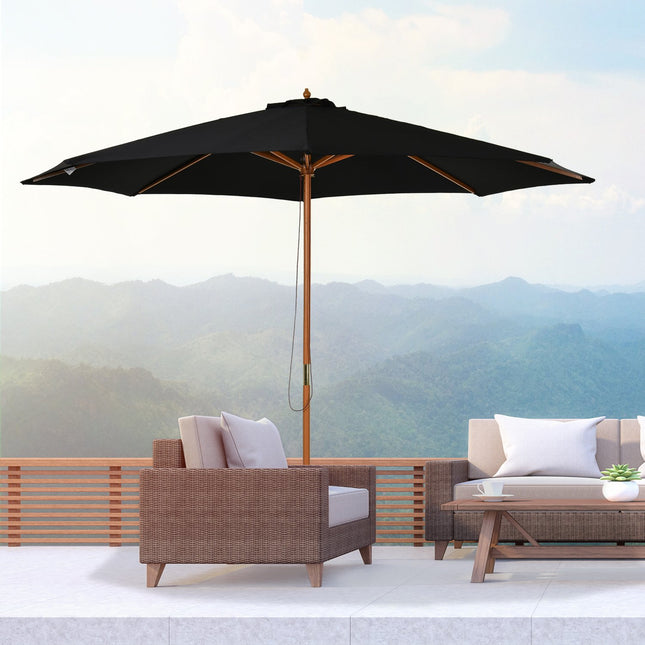 Dřevěný bambusový slunečník, 300 cm, černý, robustní a elegantní
