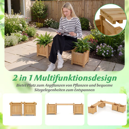 Wooden Planter Bench with 2 Side Planters, Teak Oil Finish