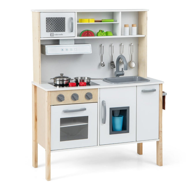 Dřevěná dětská kuchyňka s mikrovlnkou, 18 doplňků